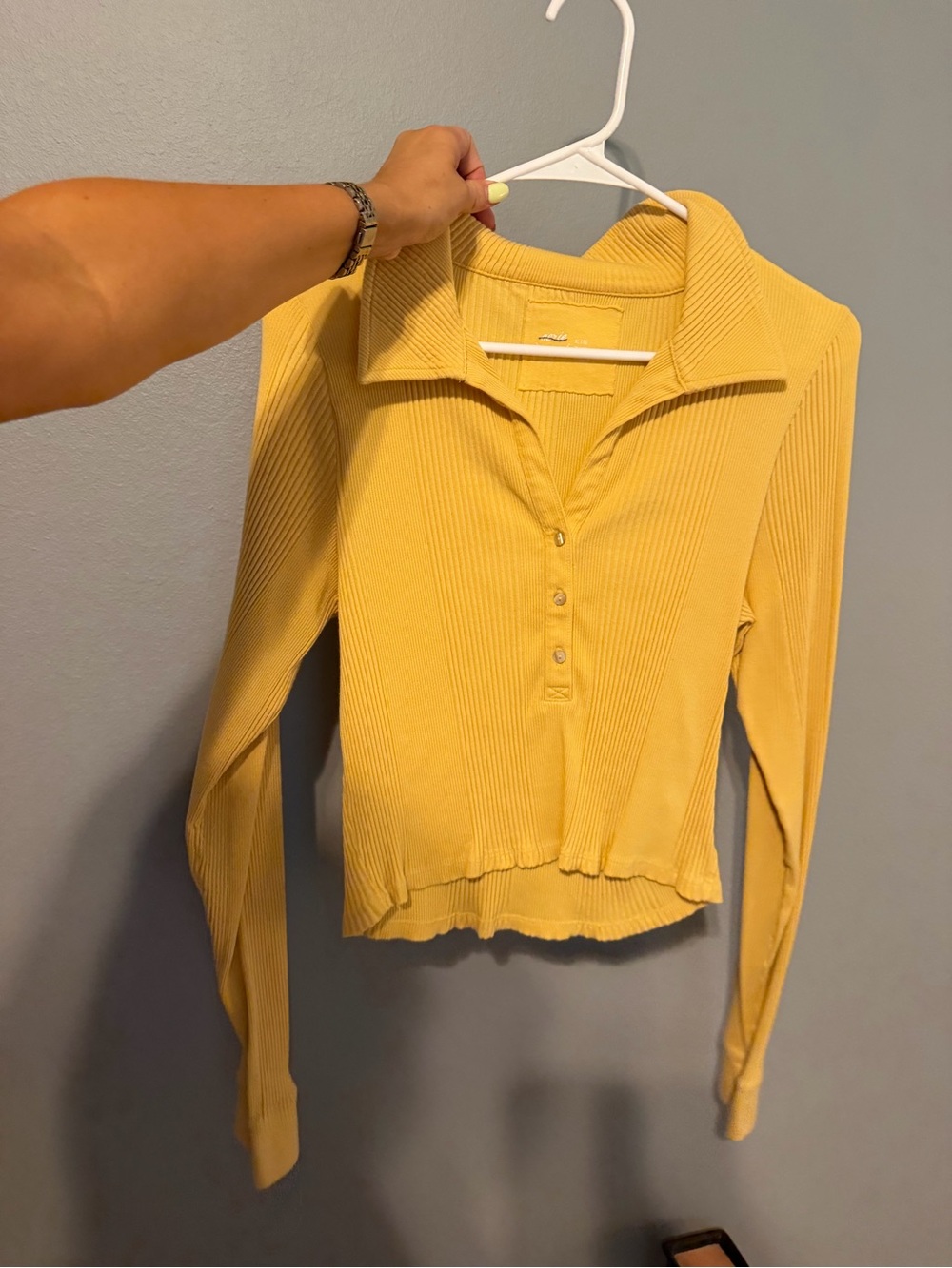aerie Ribbed Long-Sleeve Polo Top in Mustard Yellow